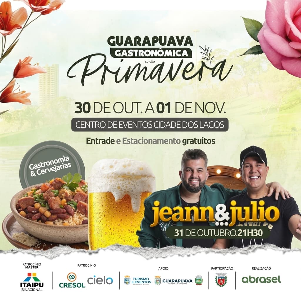 Guarapuava Gastronômica edição Primavera, de 30 de outubro a 1º de novembro, com show de Jeann e Julio no dia 31 às 21h30
